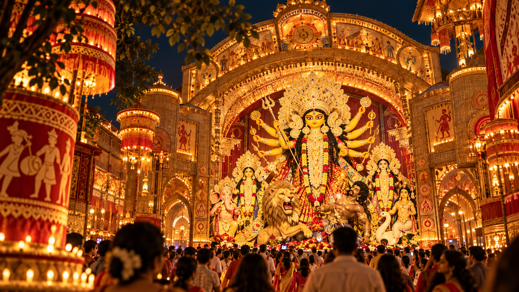 Durga Puja pandal in Kolkata illuminated at night 